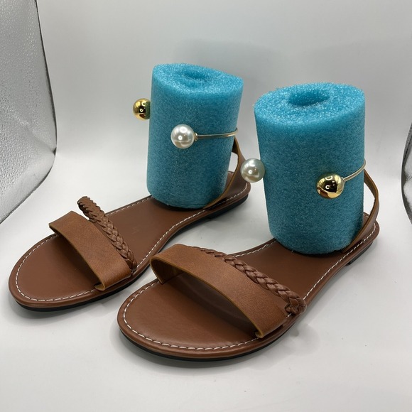 Women's Fashionable Slip-on Sandals   Braided‎ Pearl And Gold Ball Ankle Accents - Picture 1 of 8